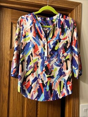 NYDJ Abstract Multicolor Brushstroke Blouse - Navy, Red, Lime, Purple